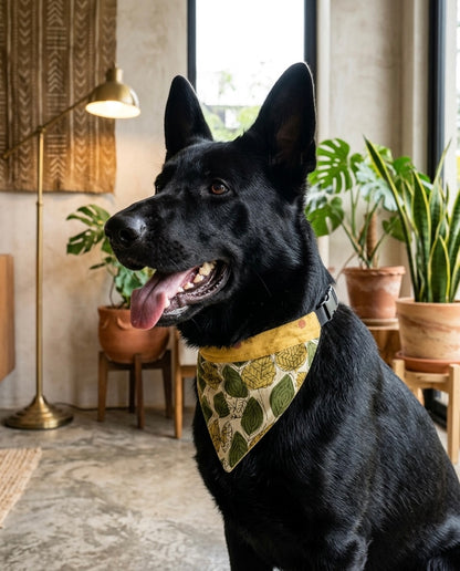 Pet Accessories Mustard Yellow & Green Leaf Print Adjustable Dog Bandana
