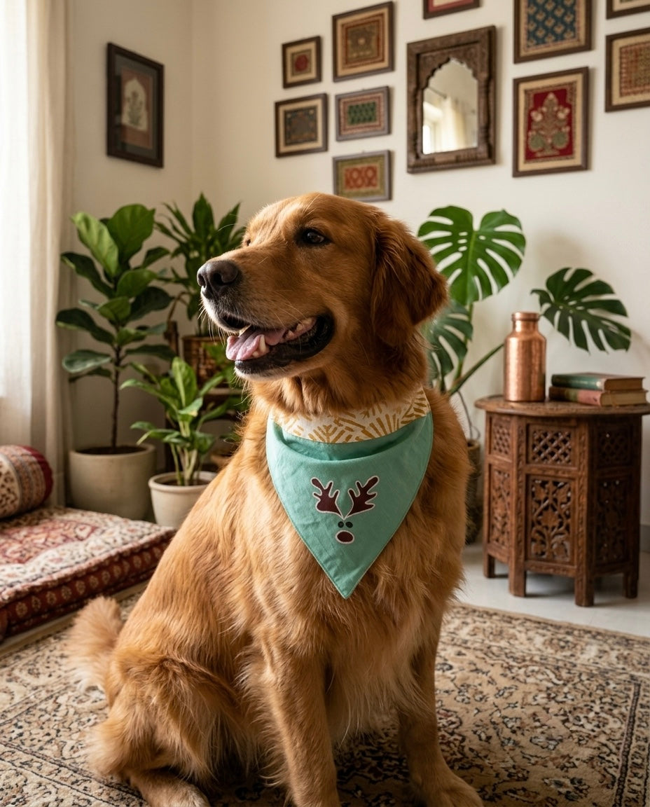 Pet Accessories Teal & Mustard Reindeer Print Adjustable Dog Bandana