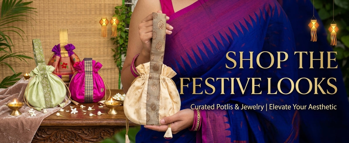 A woman in a purple and blue sari holds a beige drawstring potli bag with a metallic handle, standing next to a table displaying other colorful potlis and jewelry. The background features warm lighting, hanging lanterns, and the text 'SHOP THE FESTIVE LOOKS Curated Potlis & Jewelry | Elevate Your Aesthetic'.