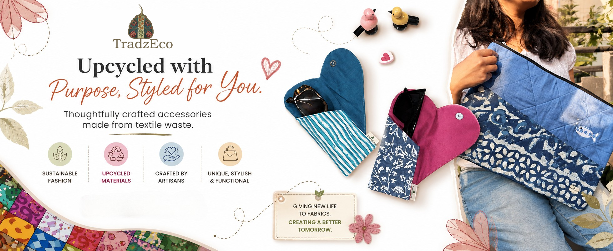 A woman holds a blue patterned quilted bag while wearing a matching blue quilted glove. Other quilted accessories, including a blue striped glove, a pink quilted pouch, and a quilted hat, are displayed alongside on a white background with decorative floral elements and text reading 'TradzEco Upcycled with Purpose, Styled for You.